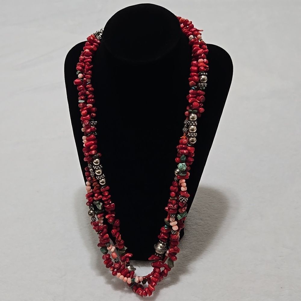 Turqouise, Coral, And Sterling Silver Necklace